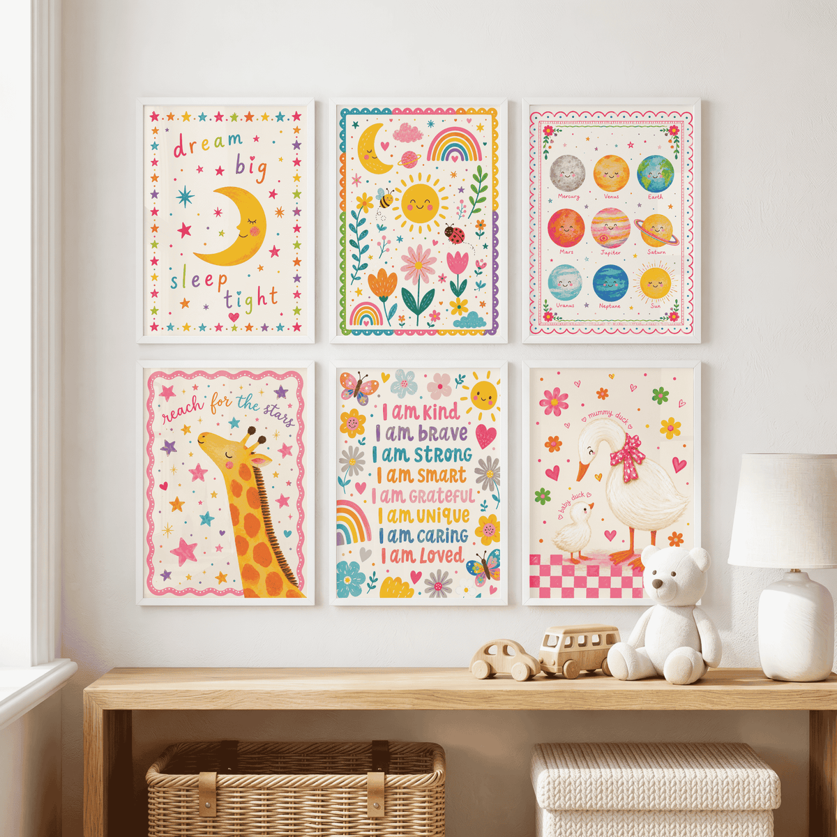 Alphabet of My Favourite Things nursery print featuring colourful illustrated ABC artwork for children's bedrooms, nurseries and playrooms.