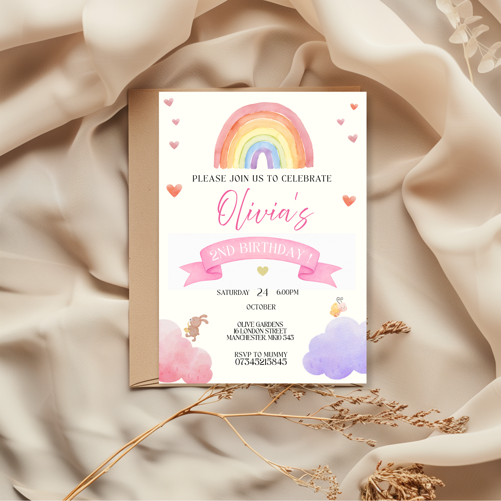Olivia - Rainbow 2nd Birthday Invitation