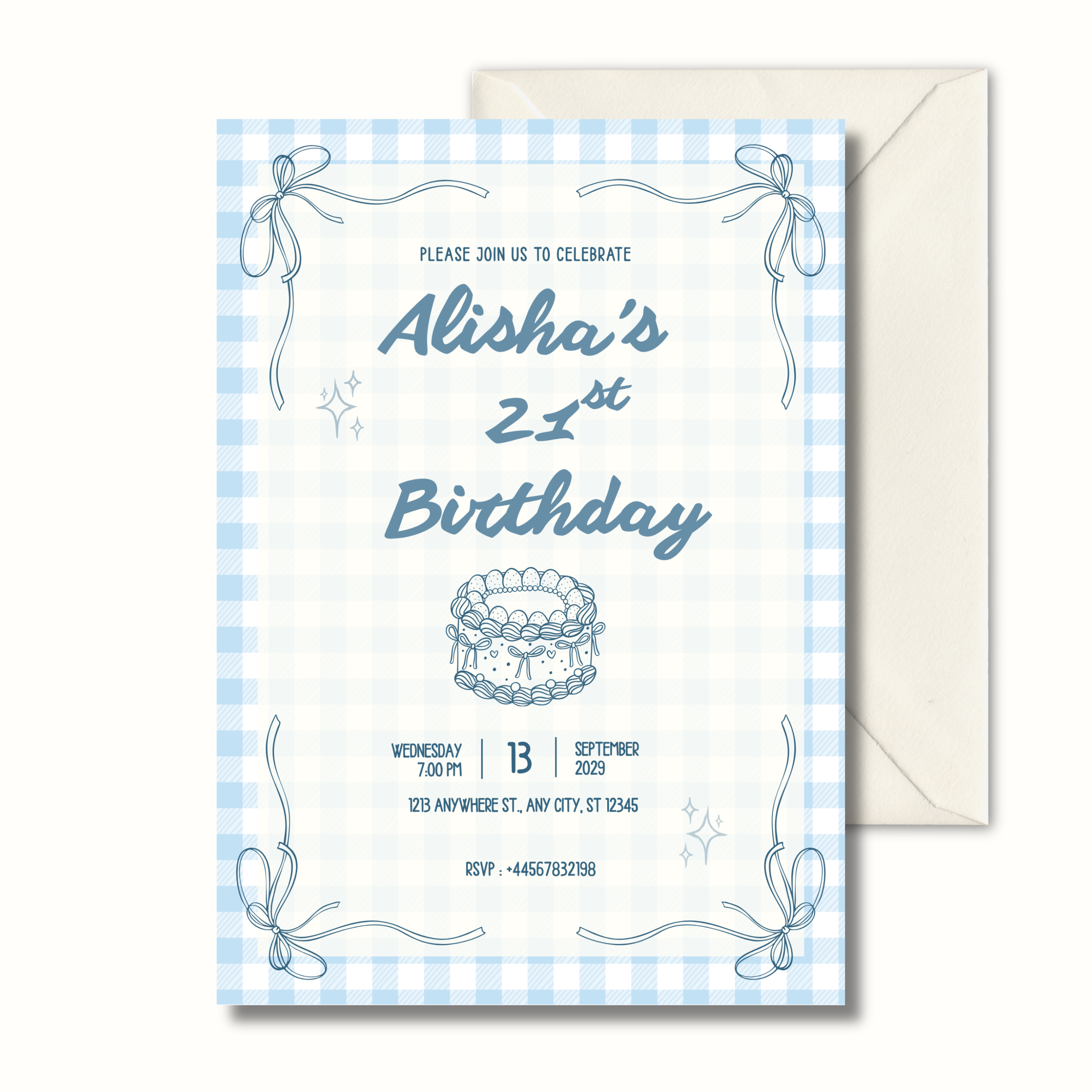 Blue gingham coquette 21st birthday invitation with bow illustration
