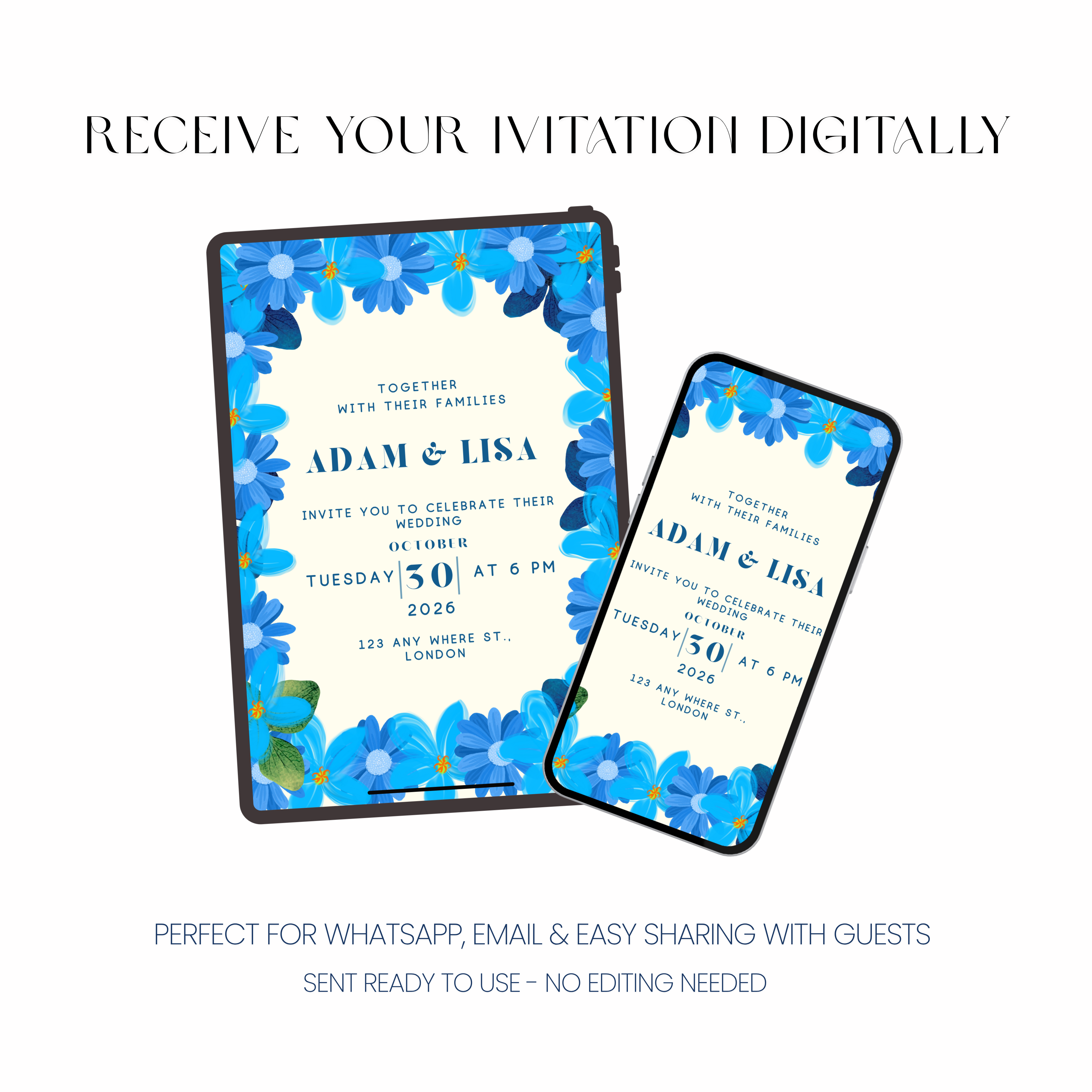 Azure - Blue Floral Wedding Invitation