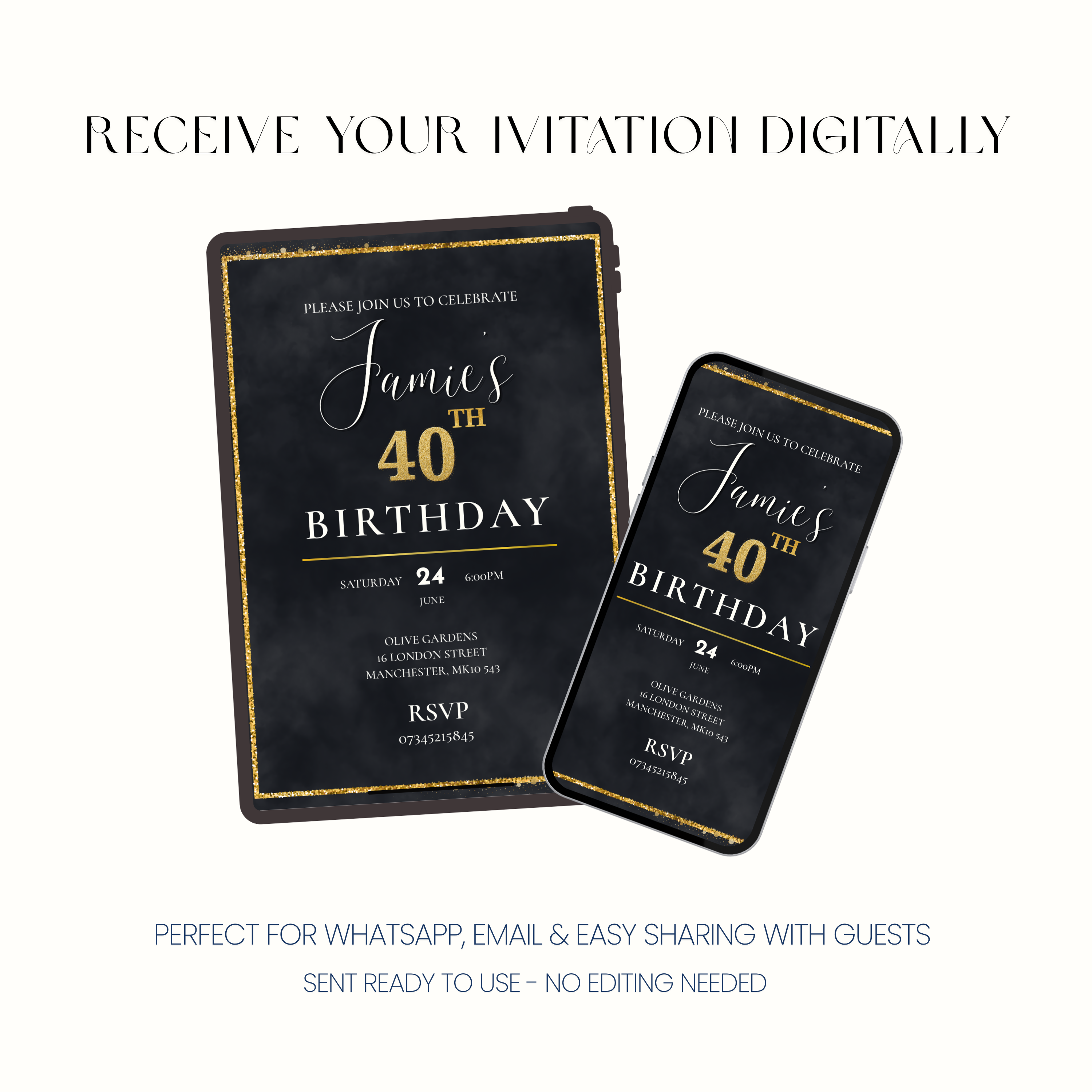 Noir – Luxury Black & Gold 40th Birthday Invitation