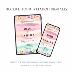 Pastel floral personalised wedding invitation with soft pink and green tones displayed on tablet and phone for digital sharing