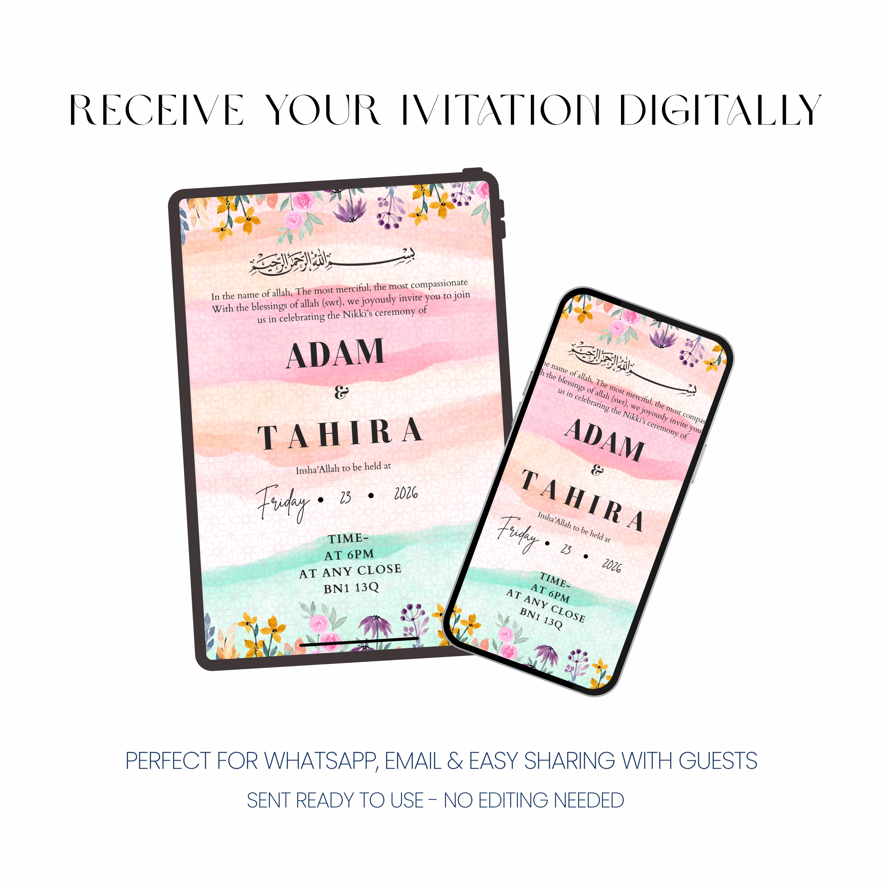 Pastel floral personalised wedding invitation with soft pink and green tones displayed on tablet and phone for digital sharing