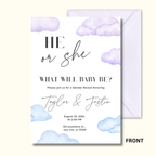 Gender reveal invitation card with clouds and text on a white background