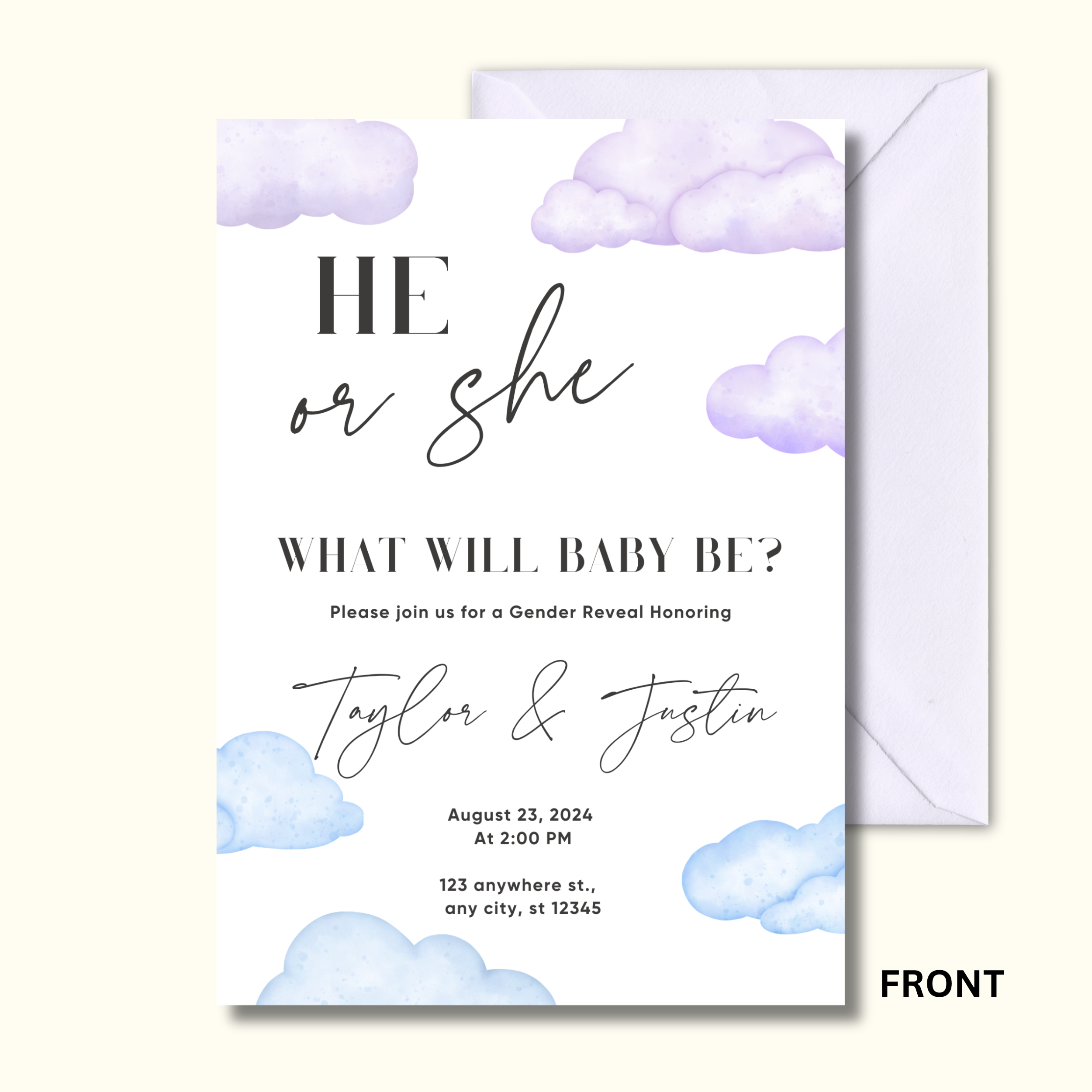 Gender reveal invitation card with clouds and text on a white background