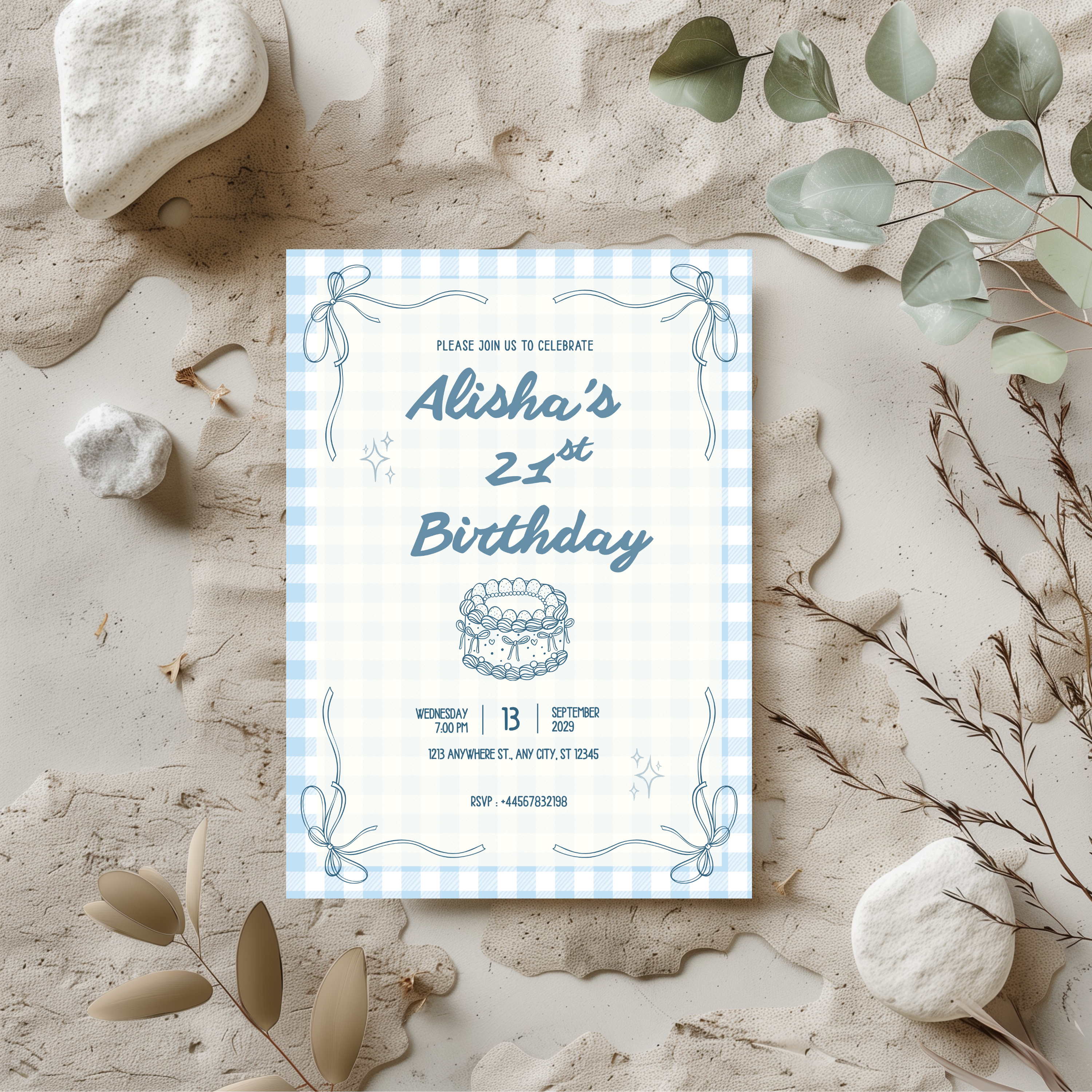 Personalised soft blue gingham 21st birthday party invitation mockup