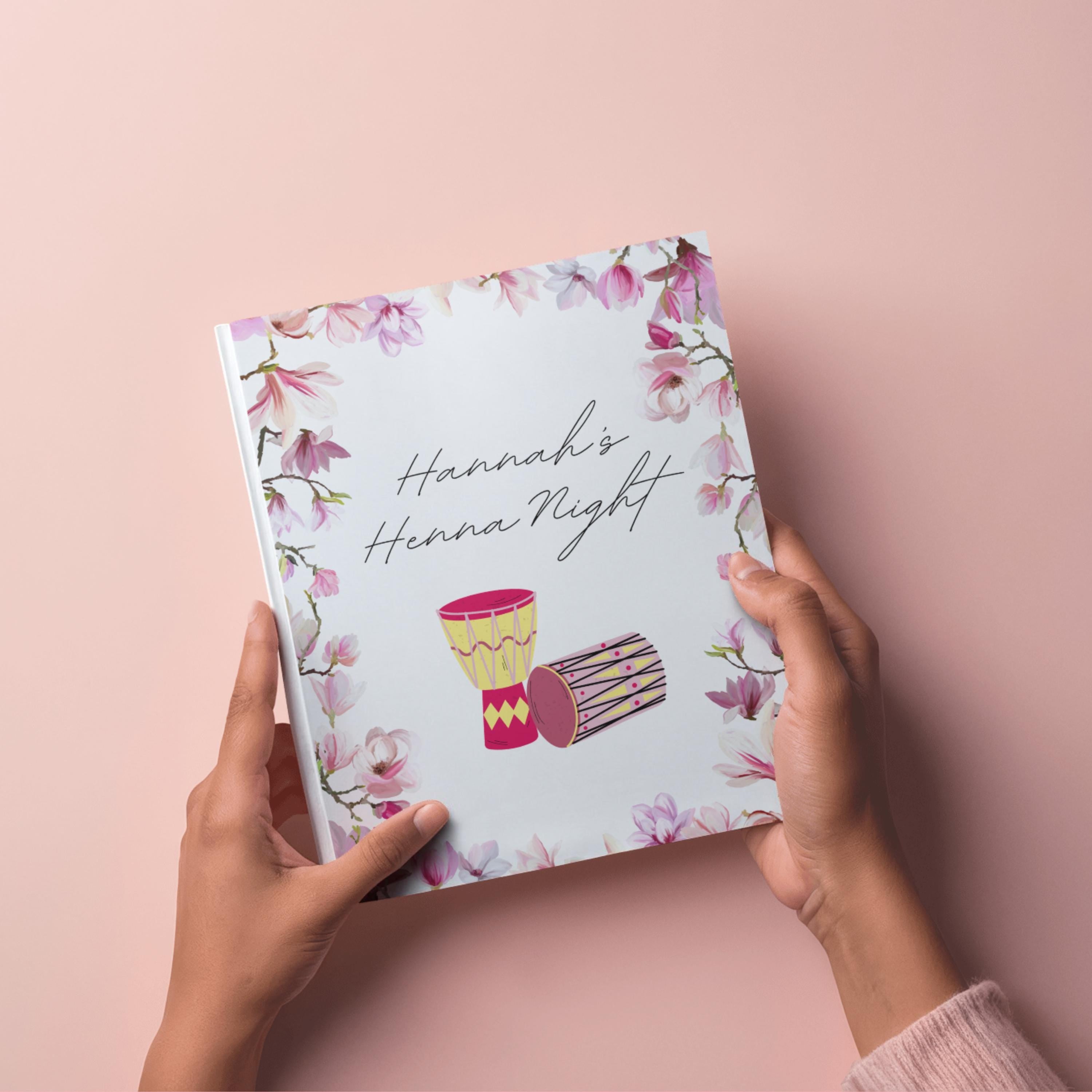 henna night songbook template with floral design and dholki illustration for mehndi wedding celebration