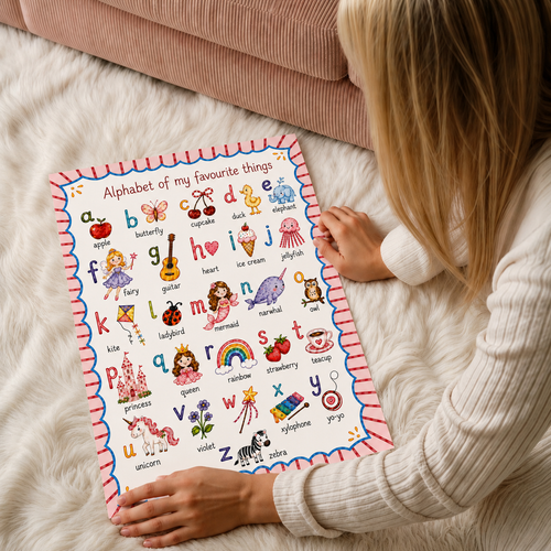 Alphabet of My Favourite Things nursery print featuring colourful illustrated ABC artwork for children's bedrooms, nurseries and playrooms.