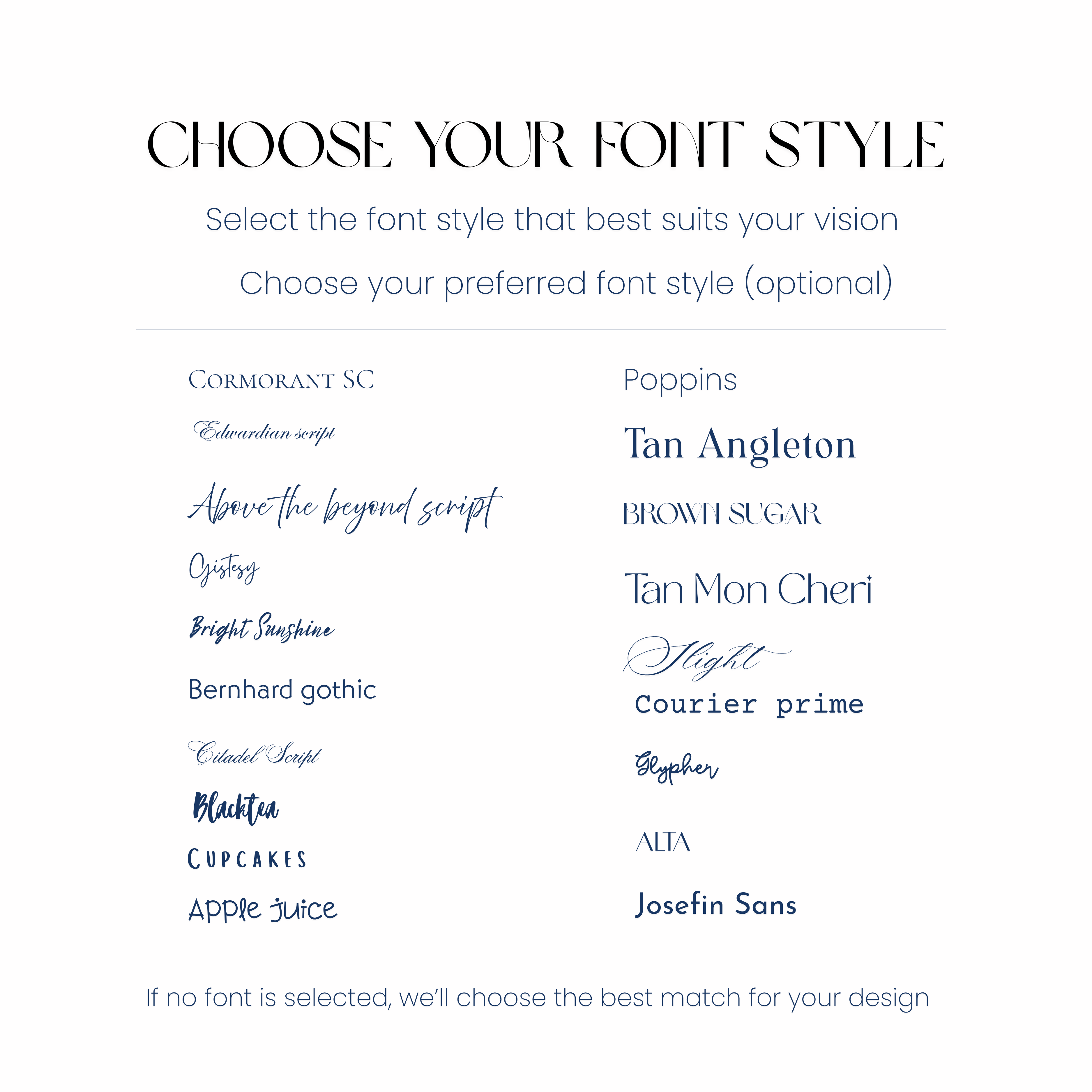 Font style selection menu with various font options on a white background