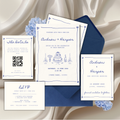blue vintage wedding invitation suite with cake illustration and classic design