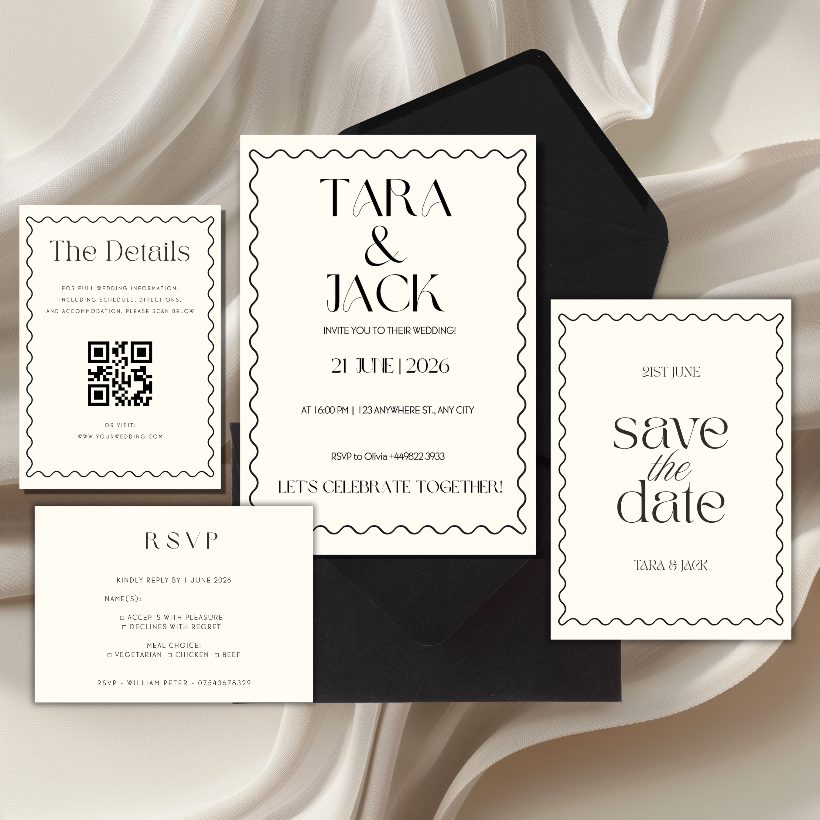 black and white minimalist wedding invitation suite with modern typography and clean design