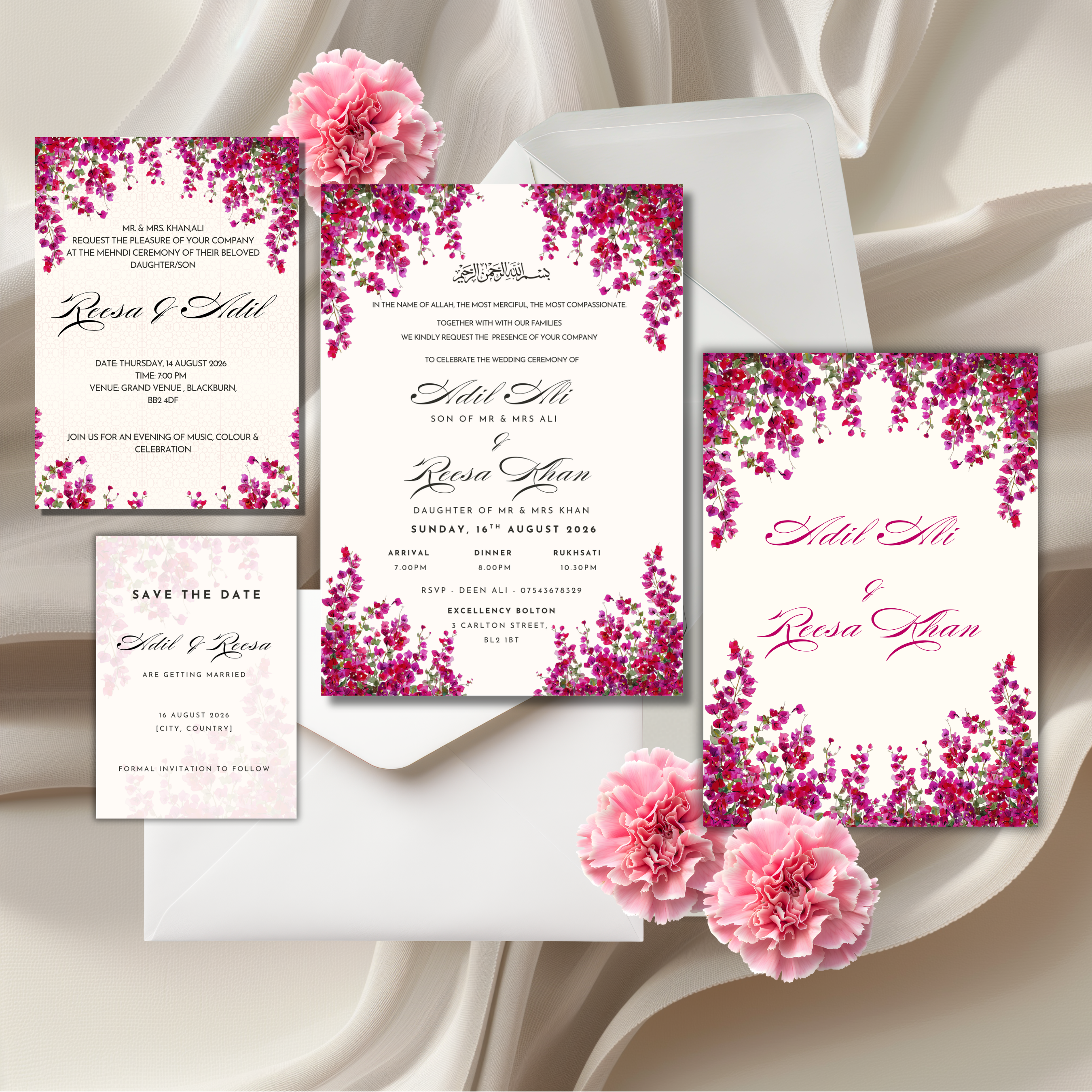 pink floral muslim wedding invitation suite with arabic calligraphy and luxury design