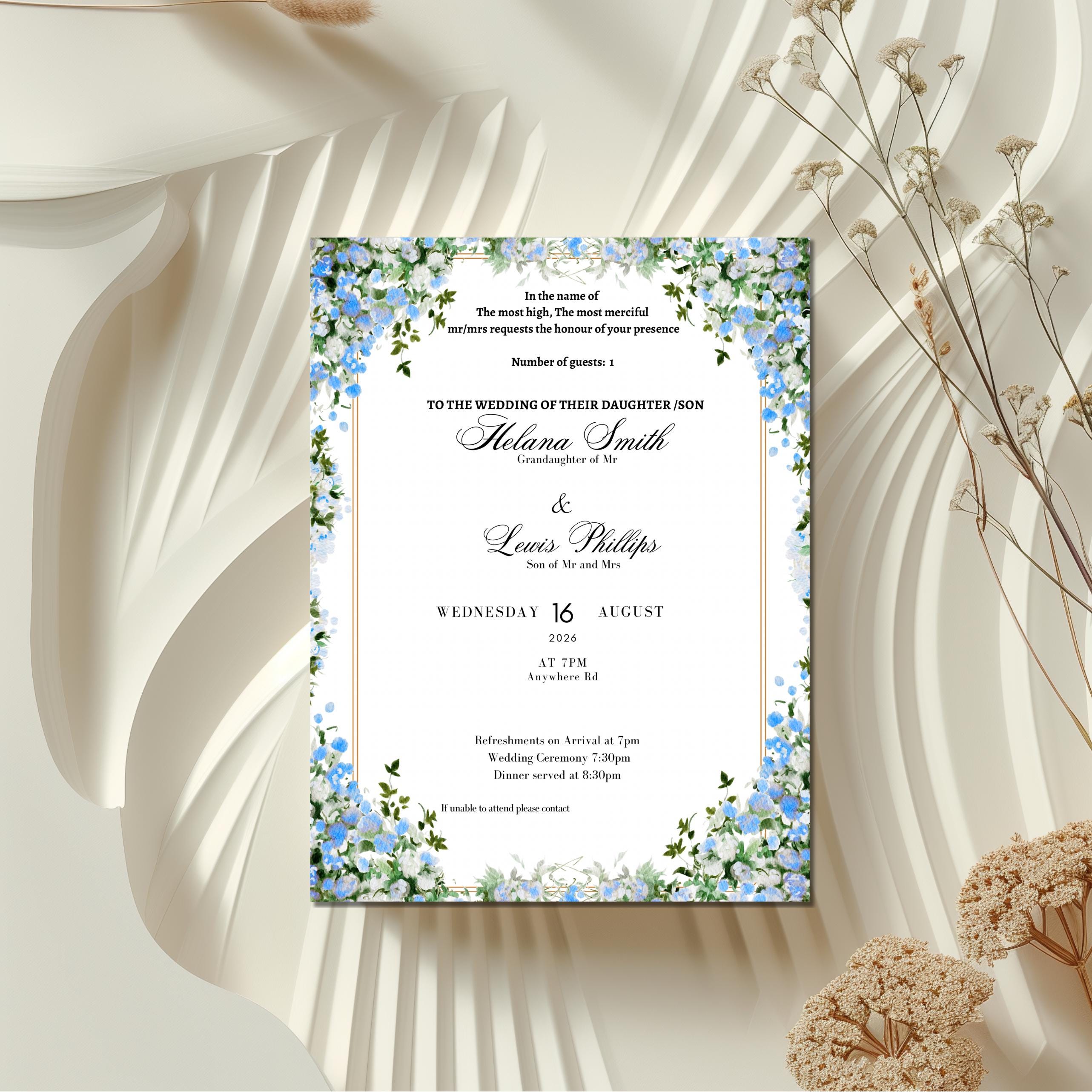 blue floral islamic wedding invitation with botanical border and elegant nikah ceremony design