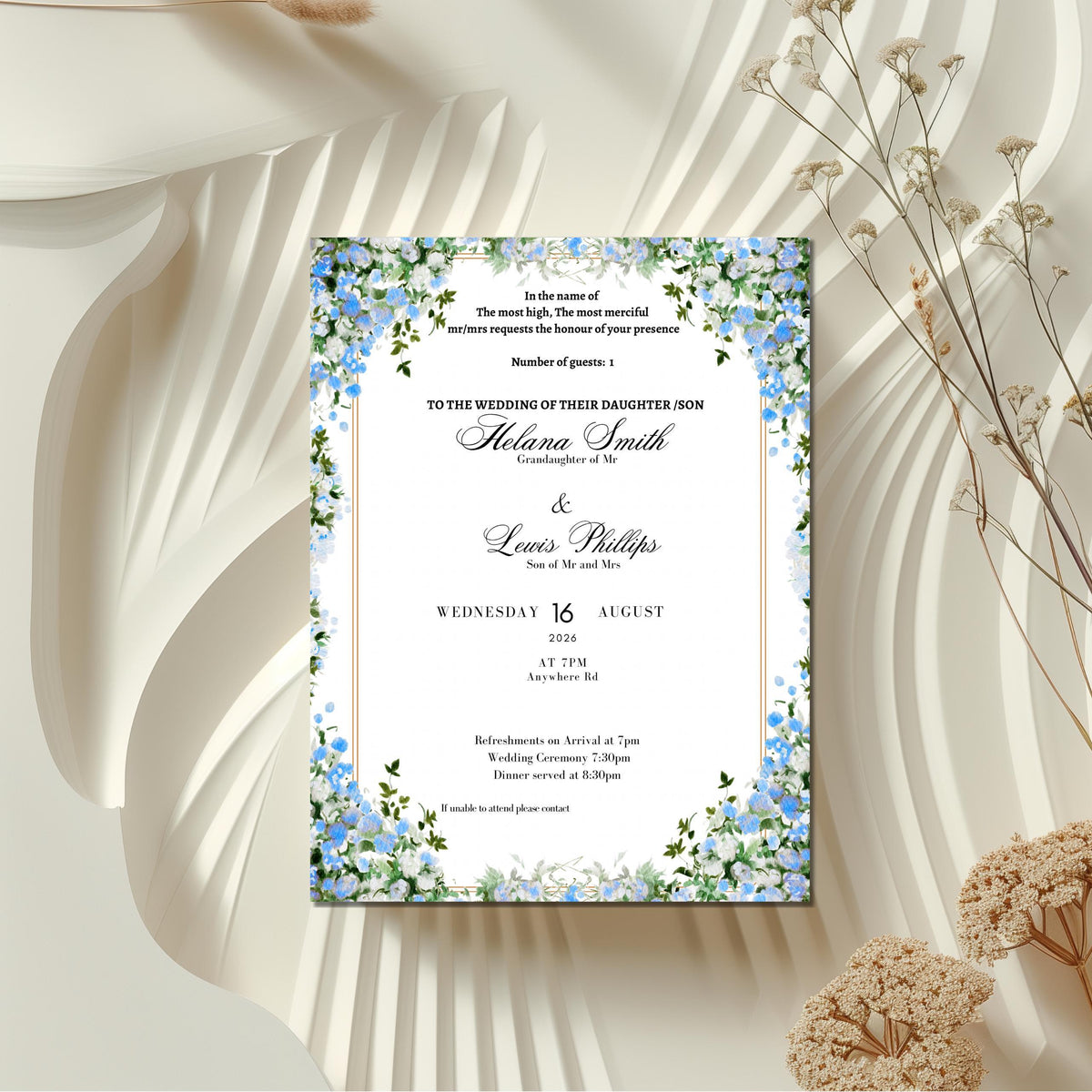 blue floral islamic wedding invitation with botanical border and elegant nikah ceremony design
