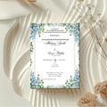 blue floral islamic wedding invitation with botanical border and elegant nikah ceremony design