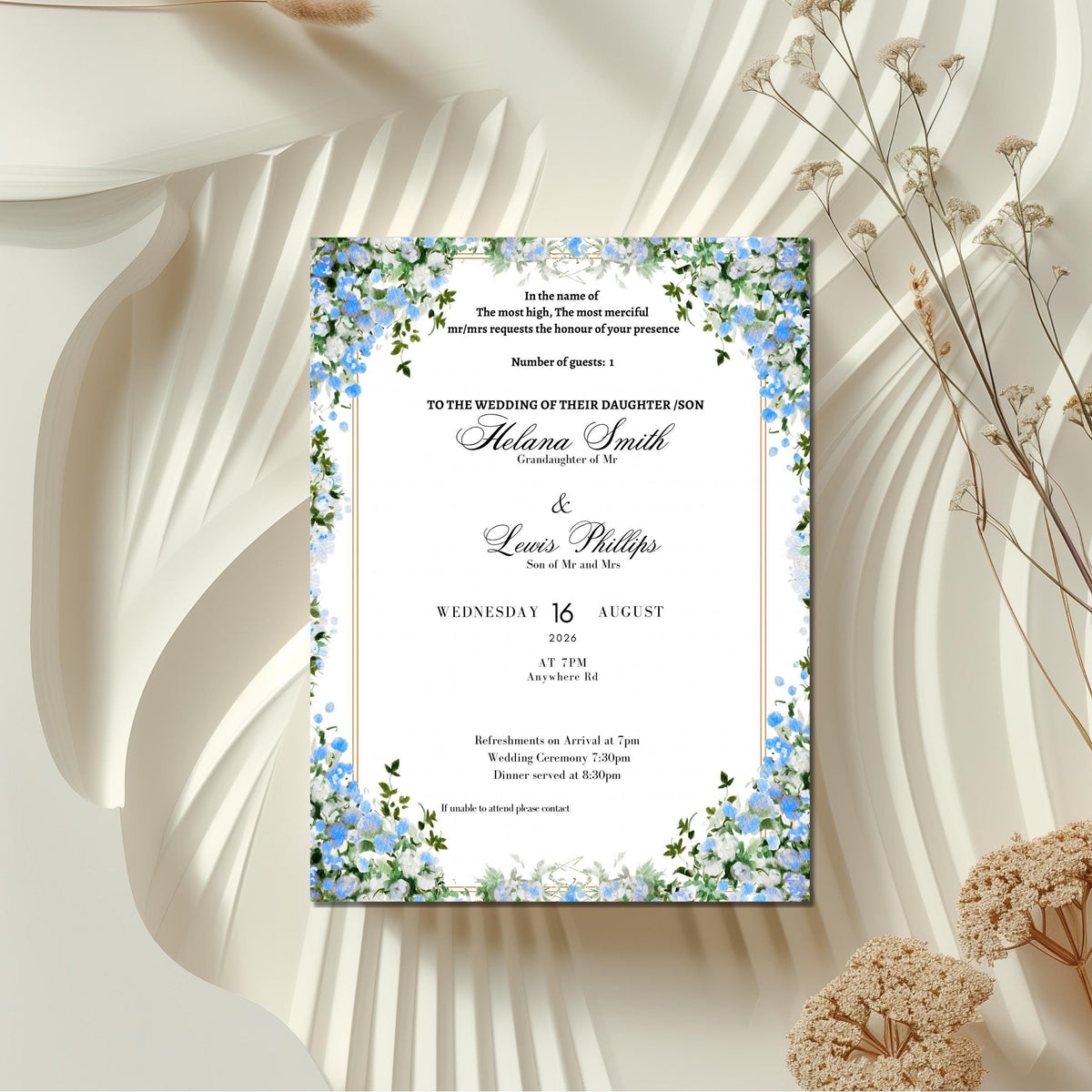 blue floral islamic wedding invitation with botanical border and elegant nikah ceremony design
