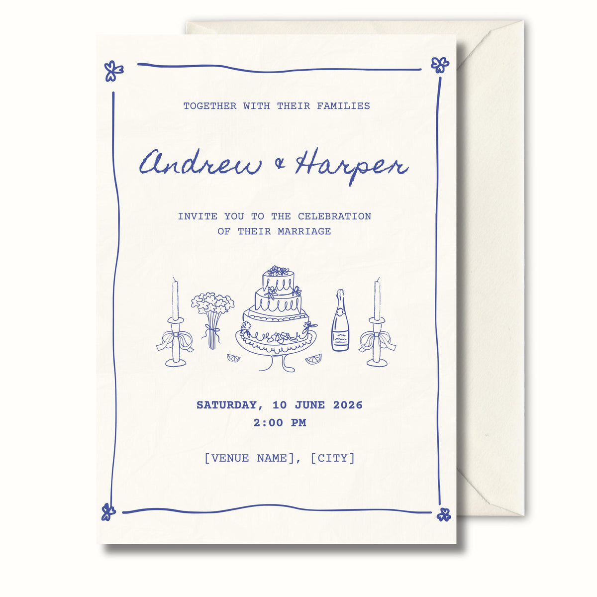 Blue Toile Wedding Invitation, Vintage Wedding Invite, Personalised Invitation