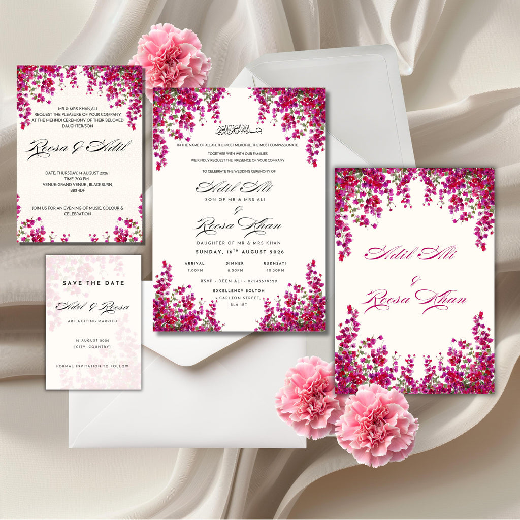 pink floral muslim wedding invitation suite with arabic calligraphy and luxury design