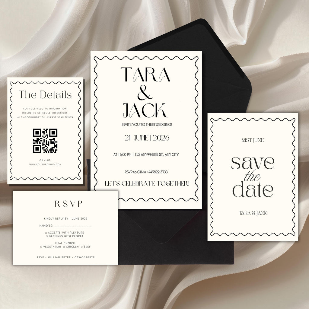 black and white minimalist wedding invitation suite with modern typography and clean design
