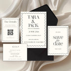 black and white minimalist wedding invitation suite with modern typography and clean design