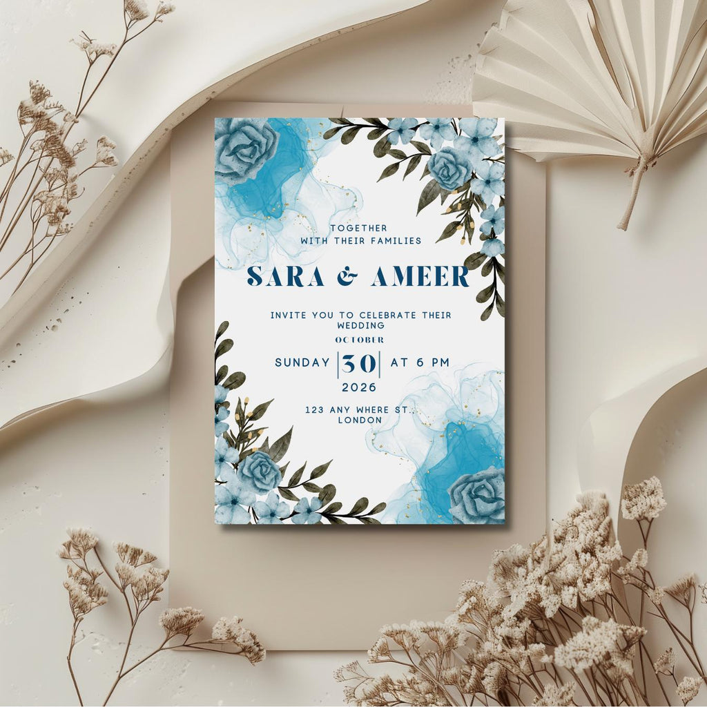 Something Blue Wedding Invitation, Blue Floral Wedding Invite, Personalised Invitation