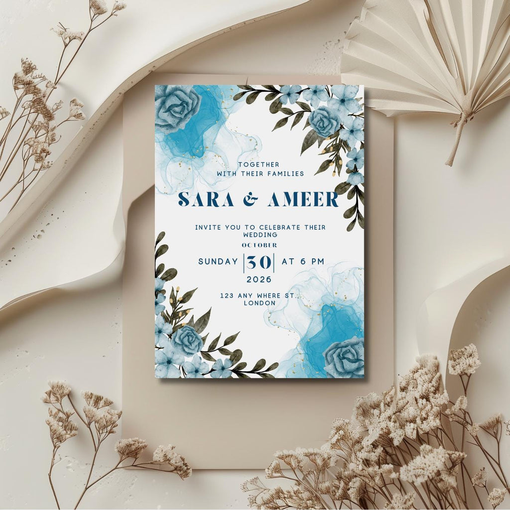 Something Blue Wedding Invitation, Blue Floral Wedding Invite, Personalised Digital Invitation