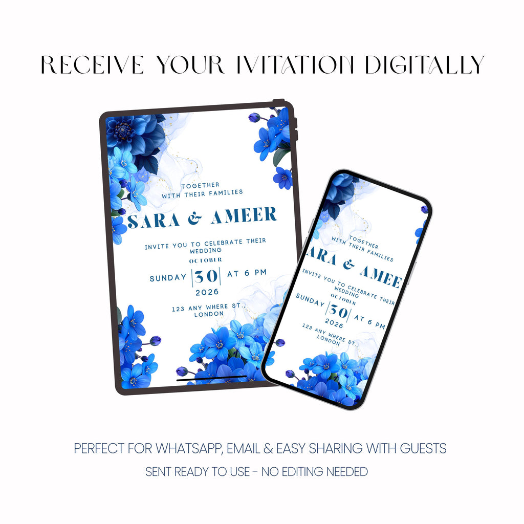 Something Blue Wedding Invitation, Blue Floral Wedding Invite, Personalised Digital Invitation