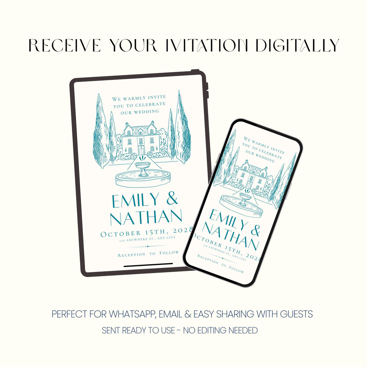 Elegant Wedding Invitation Suite, Blue Floral Wedding Invite, Personalised Invitation Suite