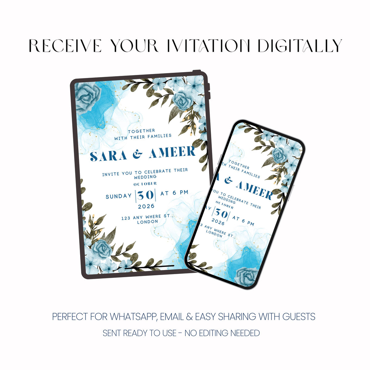 Something Blue Wedding Invitation, Blue Floral Wedding Invite, Personalised Digital Invitation