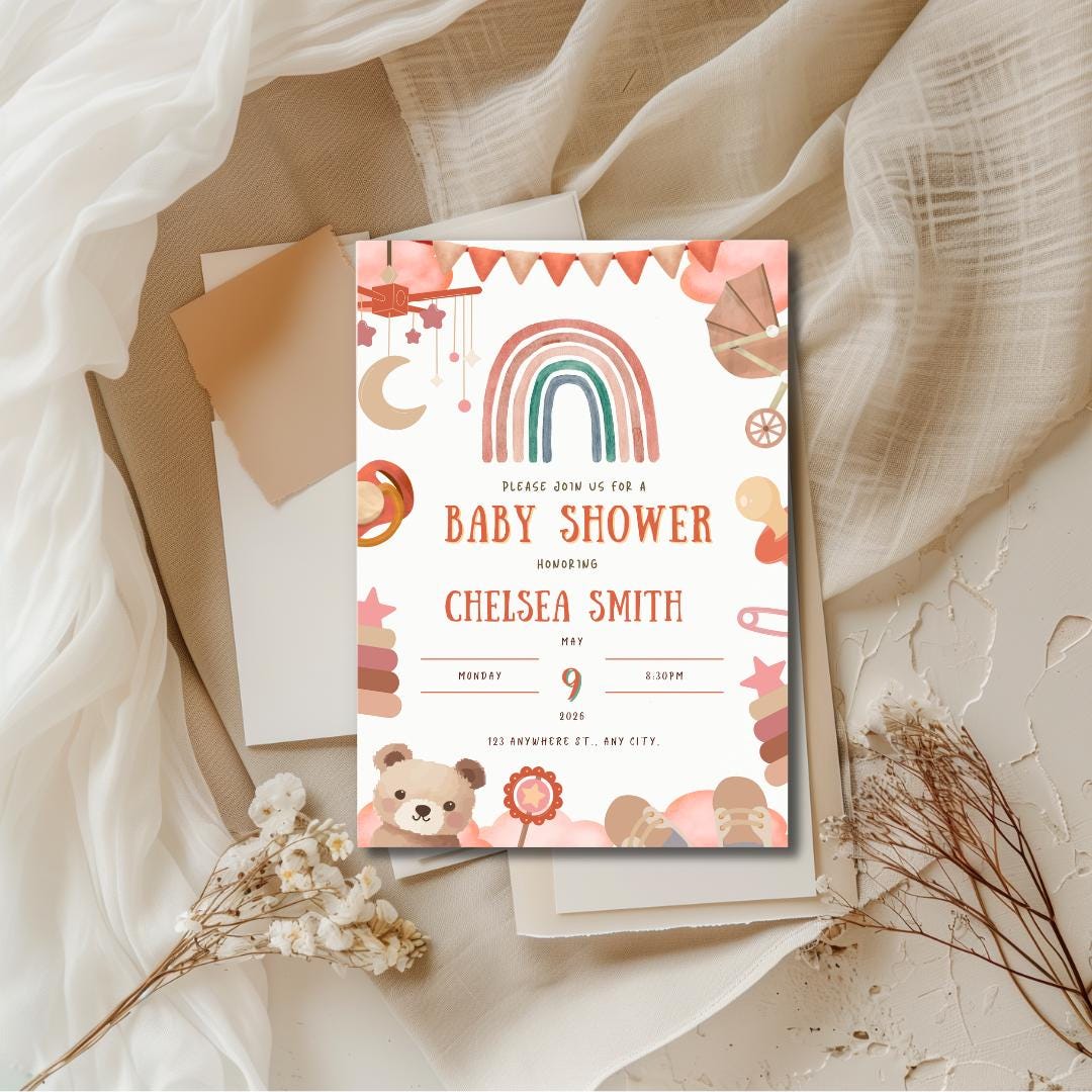 Boho Baby Shower Invitation, Neutral Pampas Party Invite, Personalised Digital Invite, Rustic Baby PDF