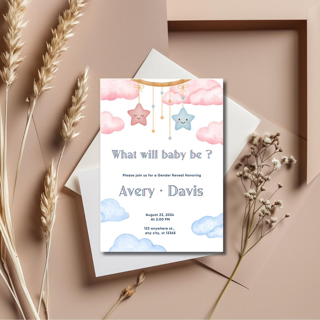 Gender Reveal Invitation Neutral, Minimal Baby Shower Invite, Personalised Invite