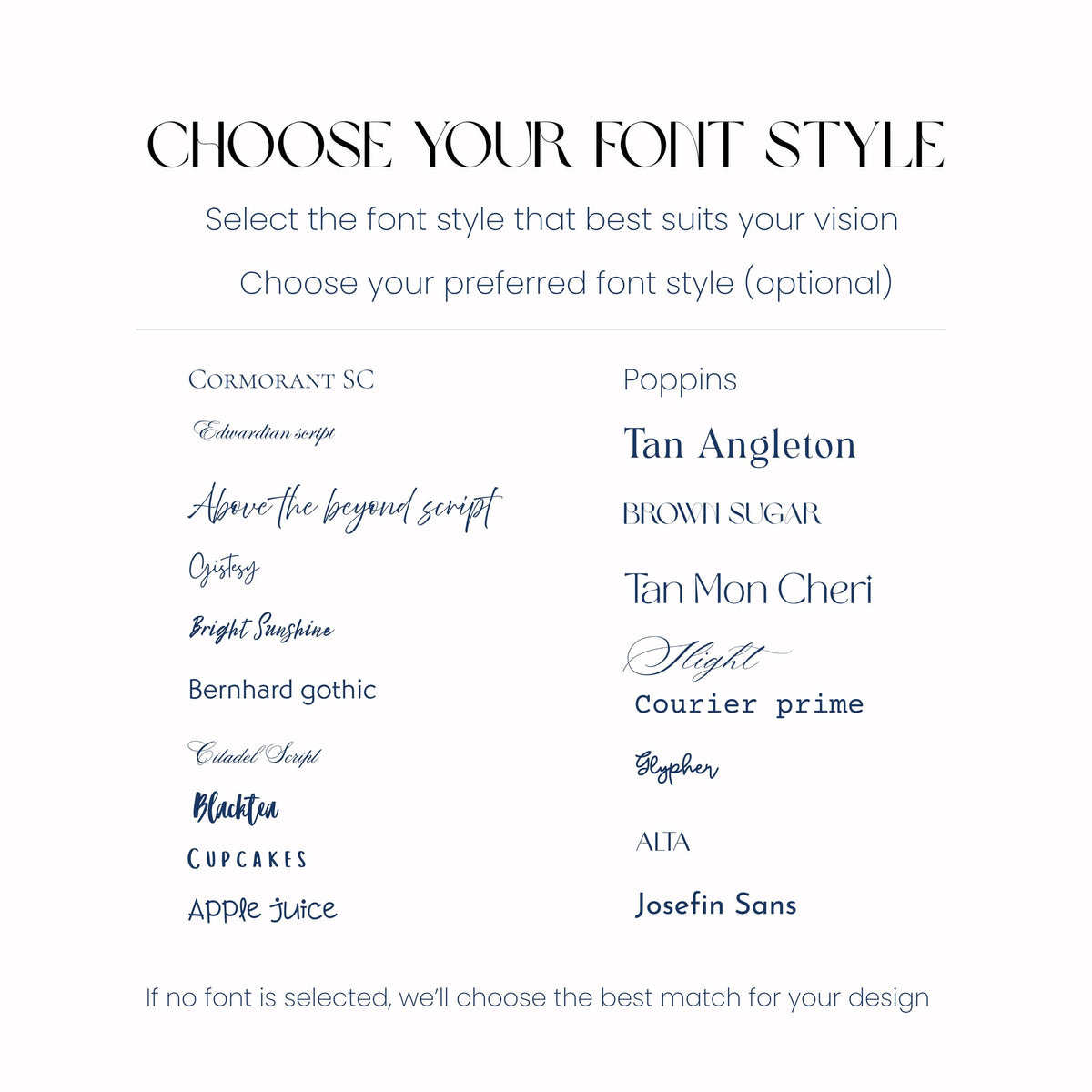 Font style selection menu with various font options on a white background