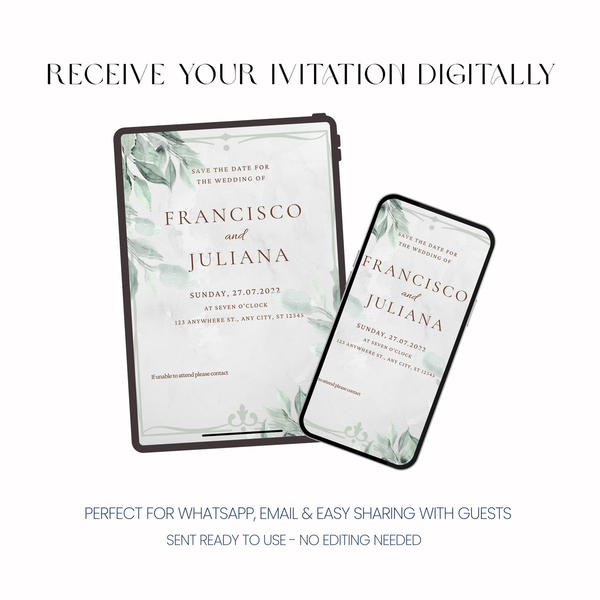Greenery Wedding Invitation, Botanical Wedding Invite, Personalised Invitation