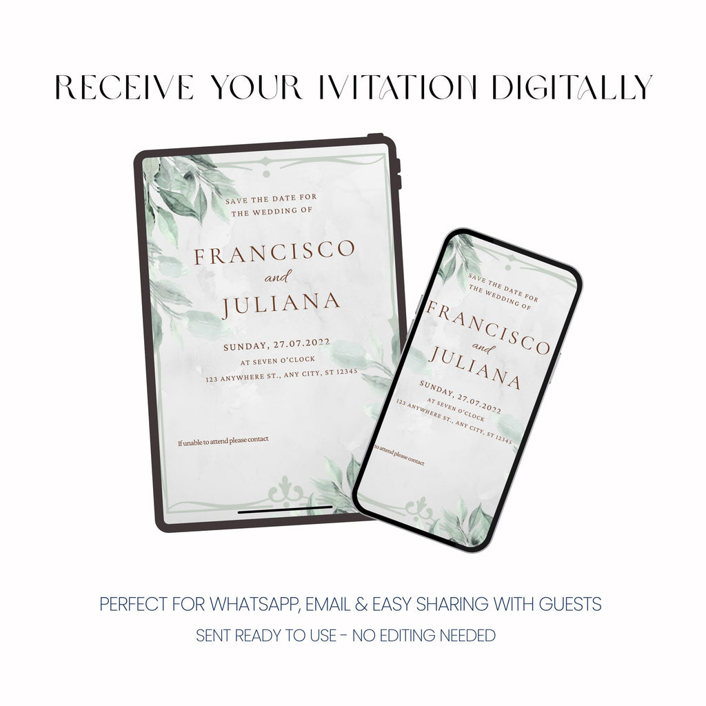 Greenery Wedding Invitation, Botanical Wedding Invite, Personalised Digital Invitation