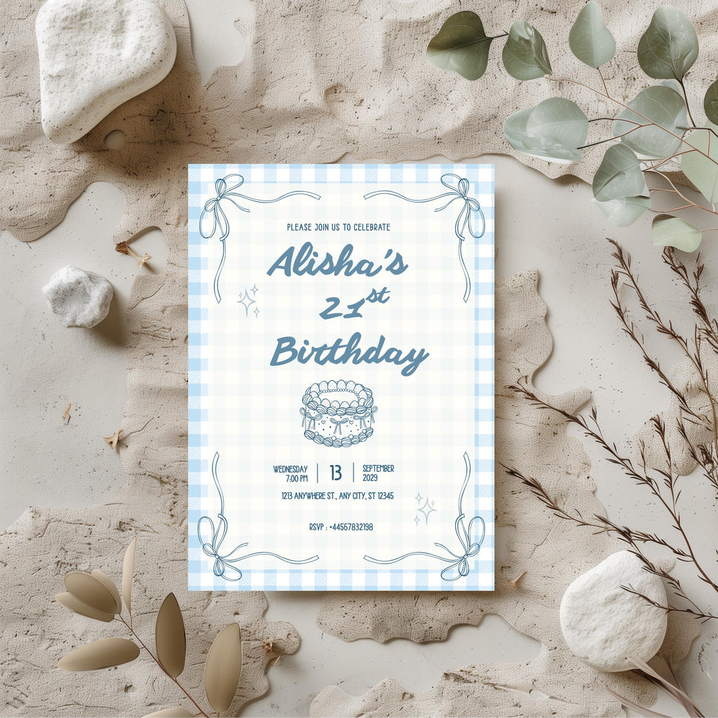 Personalised soft blue gingham 21st birthday party invitation mockup