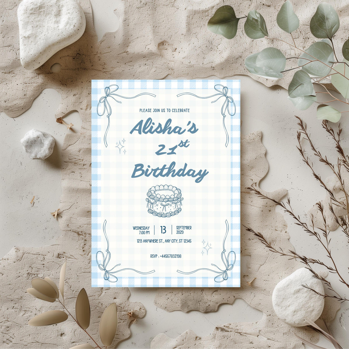Personalised soft blue gingham 21st birthday party invitation mockup