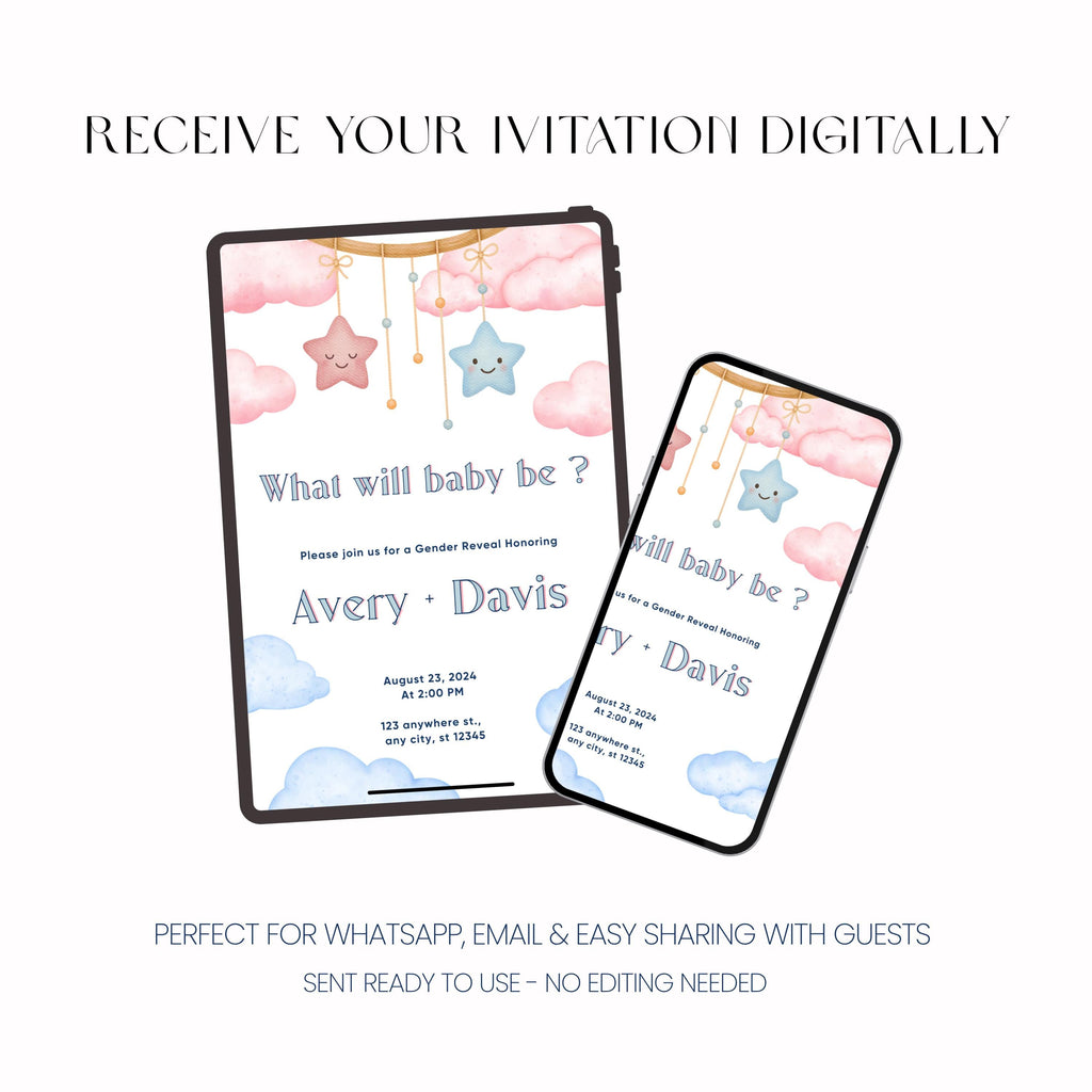 Gender Reveal Invitation, Neutral Baby Party Invite, Personalised Digital Invite, Minimal Baby PDF