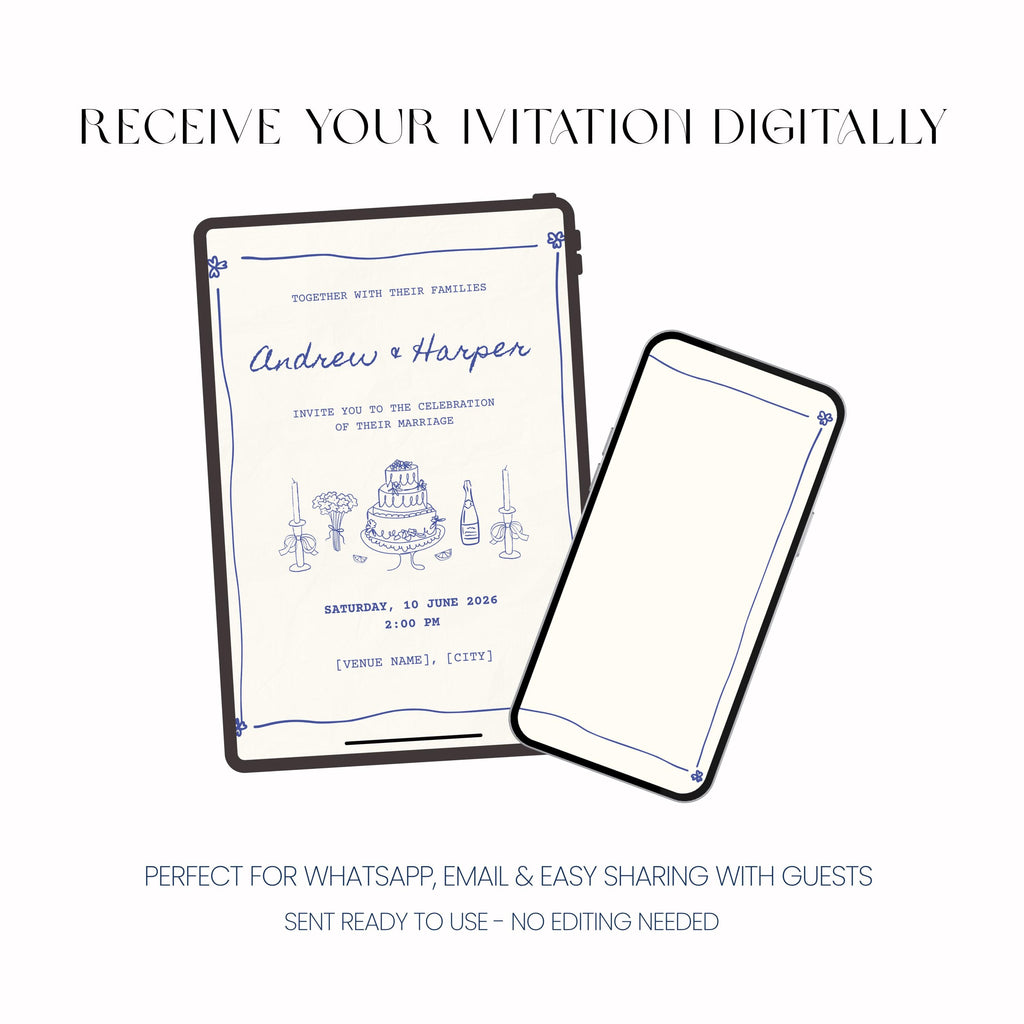 Blue Toile Wedding Invitation, Vintage Wedding Invite, Personalised Invitation