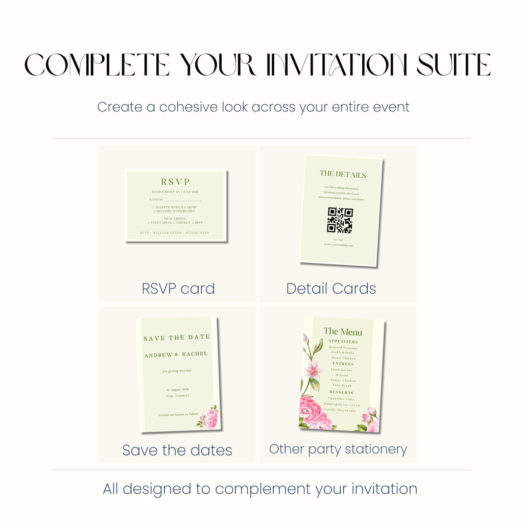 Floral Wedding Invitation Sage Green, Romantic Garden Wedding Invite, Personalised Invite