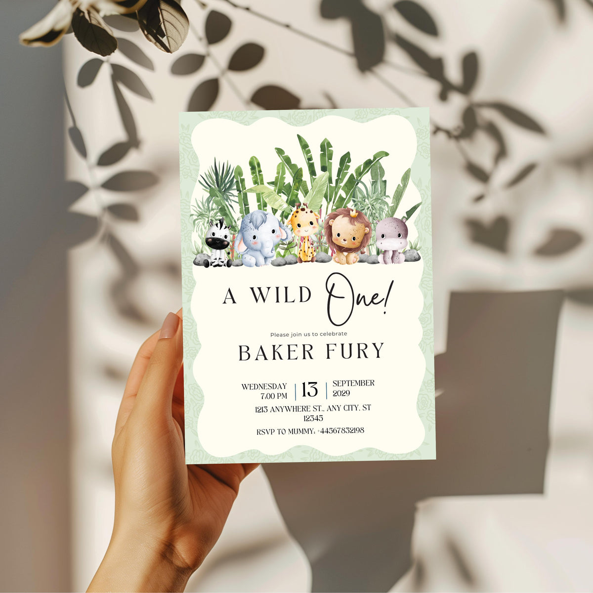 Wild One First Birthday Invitation, Safari Animal Party Invite, Personalised Invitation