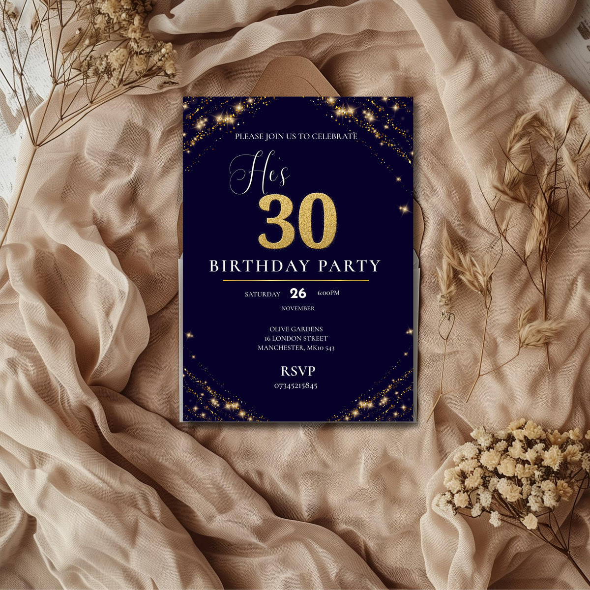 Navy Gold 30th Birthday Invitation, Elegant Milestone Party Invite, Personalised Invite