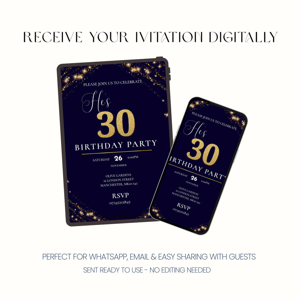 Navy Gold 30th Birthday Invitation, Elegant Milestone Party Invite, Personalised Invite