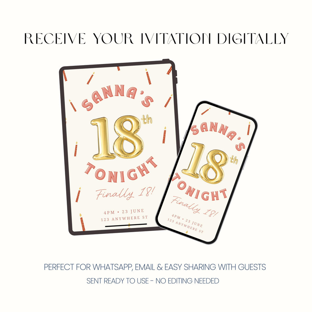 18th Birthday Party Invitation, Gold Birthday Invite, Personalised Digital Invitation