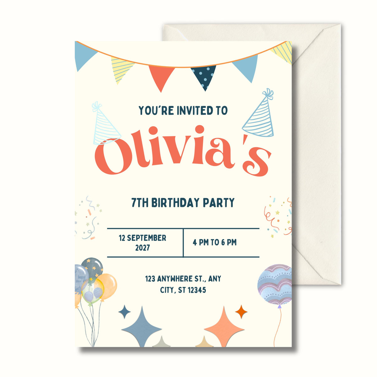 Retro colourful 7th birthday invitation for kids