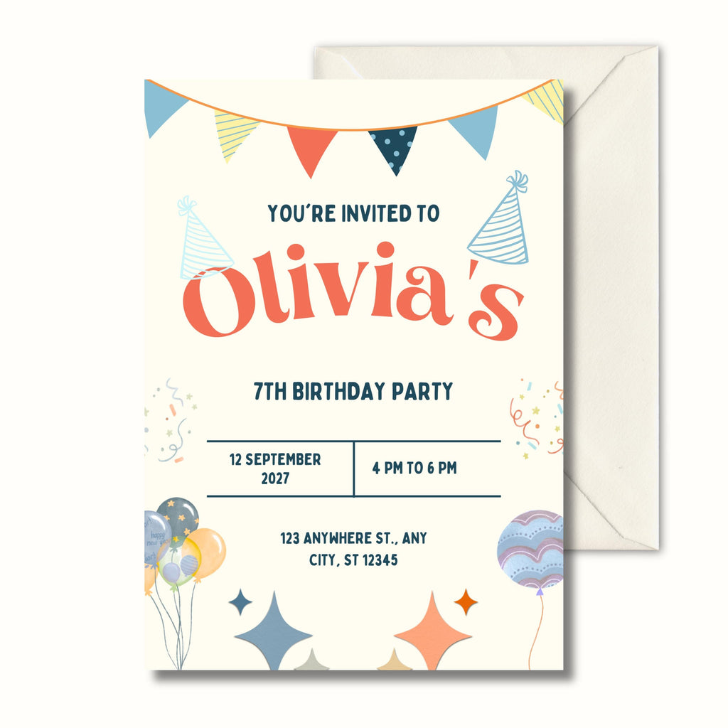 Retro colourful 7th birthday invitation for kids