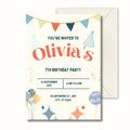 Retro colourful 7th birthday invitation for kids