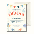 Retro colourful 7th birthday invitation for kids