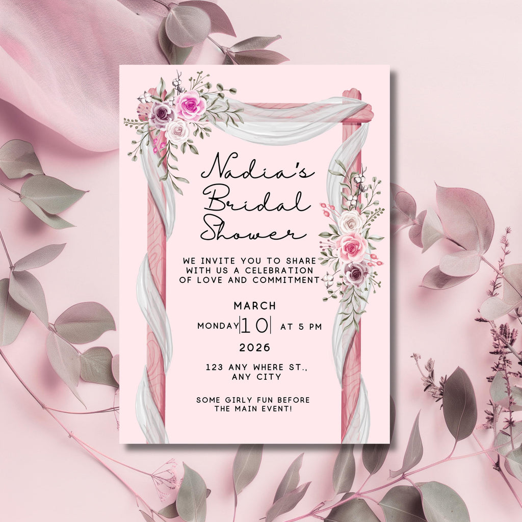Bridal Shower Invitation, Pink Floral Bridal Shower Invite, Personalised Digital Invitation