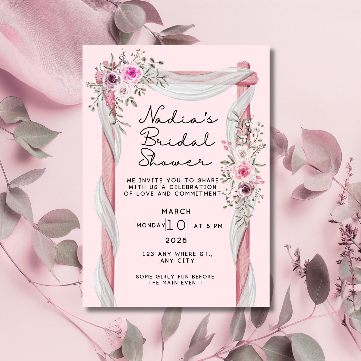 Bridal Shower Invitation, Pink Floral Bridal Shower Invite, Personalised Digital Invitation