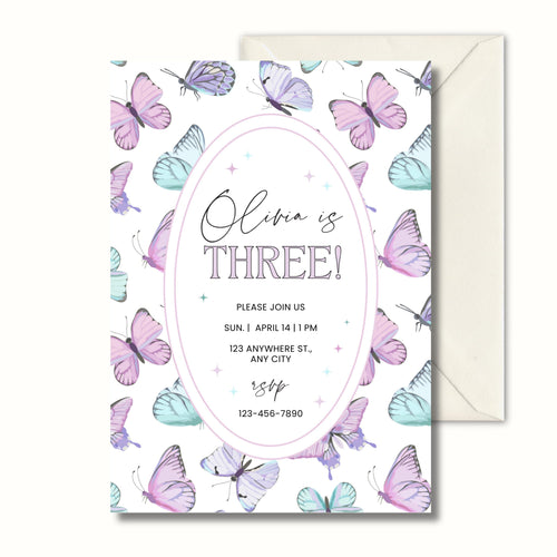 Pastel butterfly 3rd birthday invitation for girls